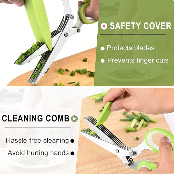 Herb scissors, Multipurpose Cutting Shears with 5 Blade Kitchen Salad Scissors, Safety Cover and Cleaning Comb for Chopping Cilantro Onion Basil Chive Parsley, Green