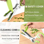 Herb scissors, Multipurpose Cutting Shears with 5 Blade Kitchen Salad Scissors, Safety Cover and Cleaning Comb for Chopping Cilantro Onion Basil Chive Parsley, Green
