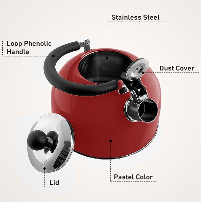Lily's Home 2 Quart Stainless Steel Whistling Tea Kettle, the Perfect Stovetop Tea and Water Boilers for Your Home, Dorm, Condo or Apartment. Red