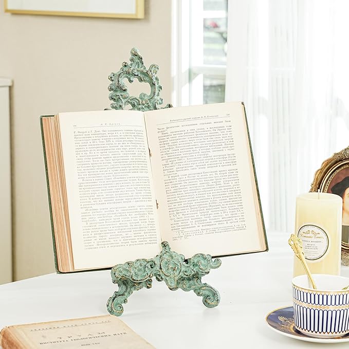 Sungmor Vintage Cast Iron Cookbook Stand, Small Ornate Easel Fleur De Lis Stand, 15.5" Tall Antique Green Table Top Display Holder for Recipe Book, Picture Frame, Plate, Home Kitchen Decor