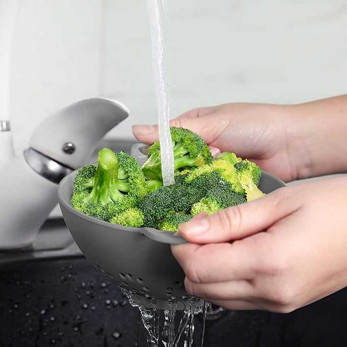 Meadow Lane 6-inch Small Colander, BPA-Free, Dishwasher Safe, Double Handles, Compact Food Strainer for Berries, Veggies and Pasta, 3-Cup Capacity, Black and Gray, 2-Pack