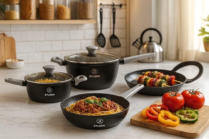 15-Piece Nonstick Cookware Set, Pots and Pans with Ceramic Coating, PFOA Free, Induction Ready with Stay-Cool Handles, Dishwasher Safe, Works with All Stovetops, Black/Grey Speckle