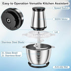 2-Speed Food Processor, Electric Meat Grinder Food Chopper with 8 Cup Glass Bowls& 8 Cup Stainless Steel Bowl for Kitchen, Vegetable, Onion, Garlic, Salad, Fruit, Nuts