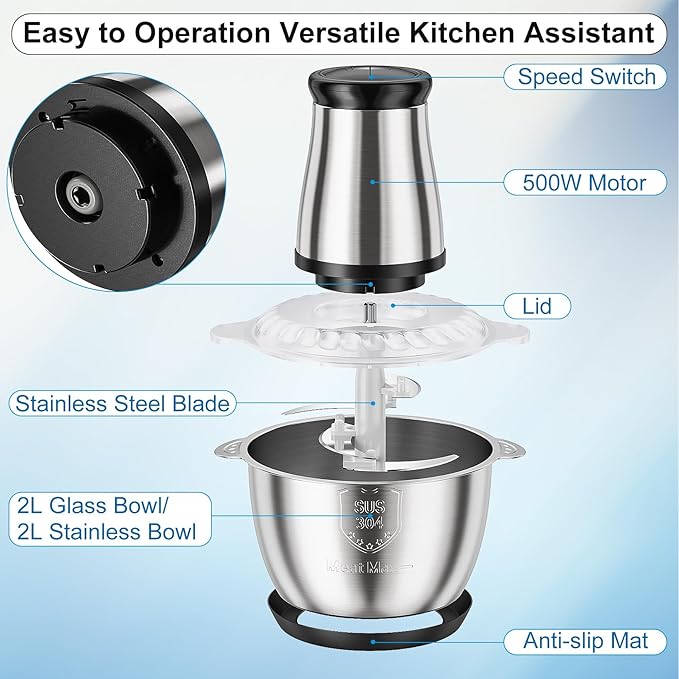 2-Speed Food Processor, Electric Meat Grinder Food Chopper with 8 Cup Glass Bowls& 8 Cup Stainless Steel Bowl for Kitchen, Vegetable, Onion, Garlic, Salad, Fruit, Nuts