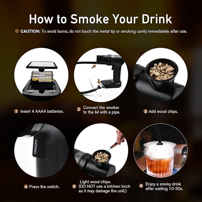 Cocktail Smoker kit, Smoking Gun Drink and Food Smoker Old Fashioned Smoking kit Infuse Cocktail Whiskey Bourbon with Disk Lid and Wood Chips, Starter Kit, 10 PCS