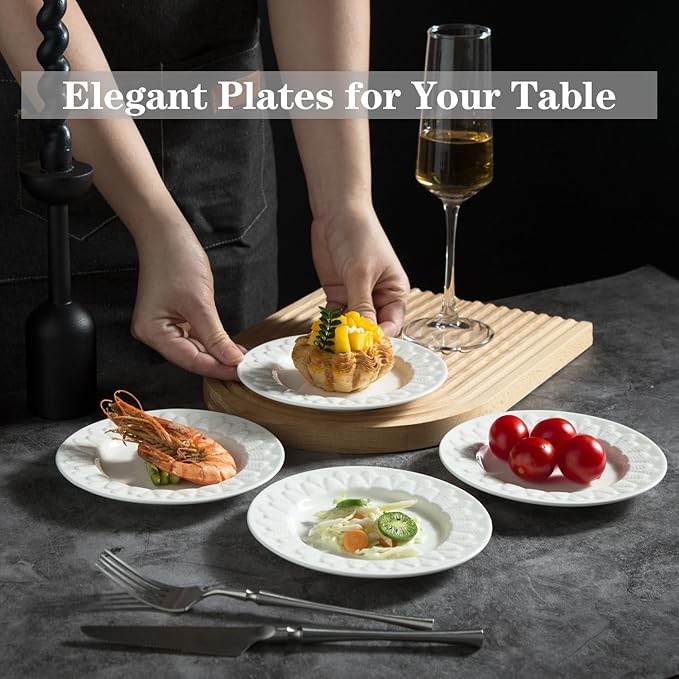 6 Inch Porcelain Appetizer Plate Set of 18, Small Dinner Plates, Dessert Salad Plates, White Leaves Shaped Serving Dishes for Cake, Snack, Ice Cream, Waffles, Microwave, Oven, and Dishwasher Safe