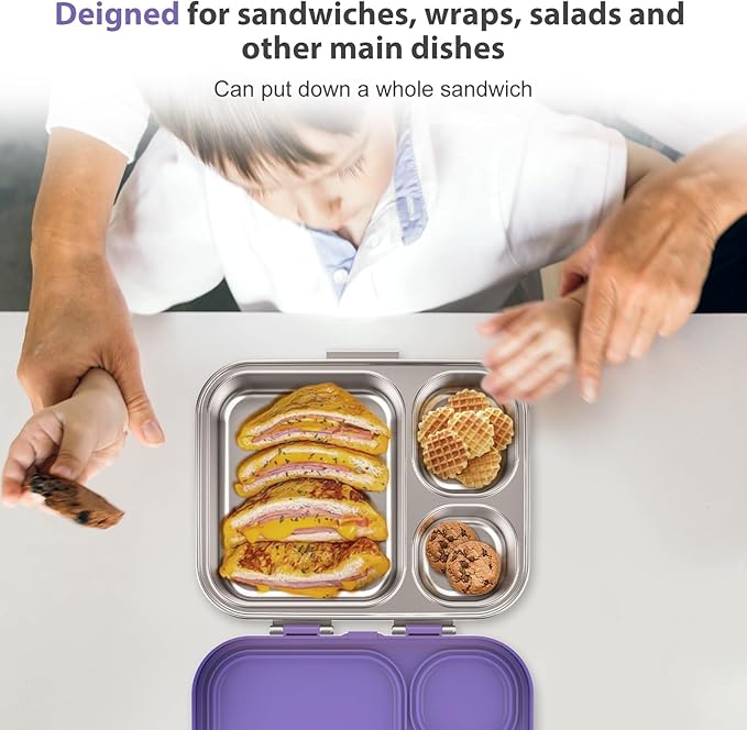 Stainless Steel Bento Box Kids, Leak Proof Metal Bento Lunch Box,3 Compartments 304 Stainless Steel Bento Lunch Containers for School and Office,Dishwasher Safe, BPA-Free(Purple)