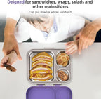 Stainless Steel Bento Box Kids, Leak Proof Metal Bento Lunch Box,3 Compartments 304 Stainless Steel Bento Lunch Containers for School and Office,Dishwasher Safe, BPA-Free(Purple)