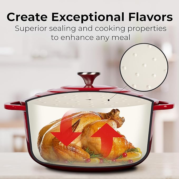 Zulay Kitchen 5 Quart Enameled Cast Iron Dutch Oven with Lid,Silicone Trivet & Heat Pad – Premium Durability & Oven Safe up to 500°F– Heavy Duty Cookware Perfect for Bread Baking, Stews, Braising & Roasting – Red