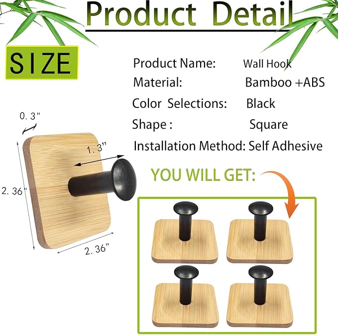 Self Adhesive Wall Hooks for Hanging Heavy Duty,Small Sticky Decorative No Nail Black Hooks,4 Pieces Cute Utility Hooks Damage Free Hanger Hook for Wall Mounted
