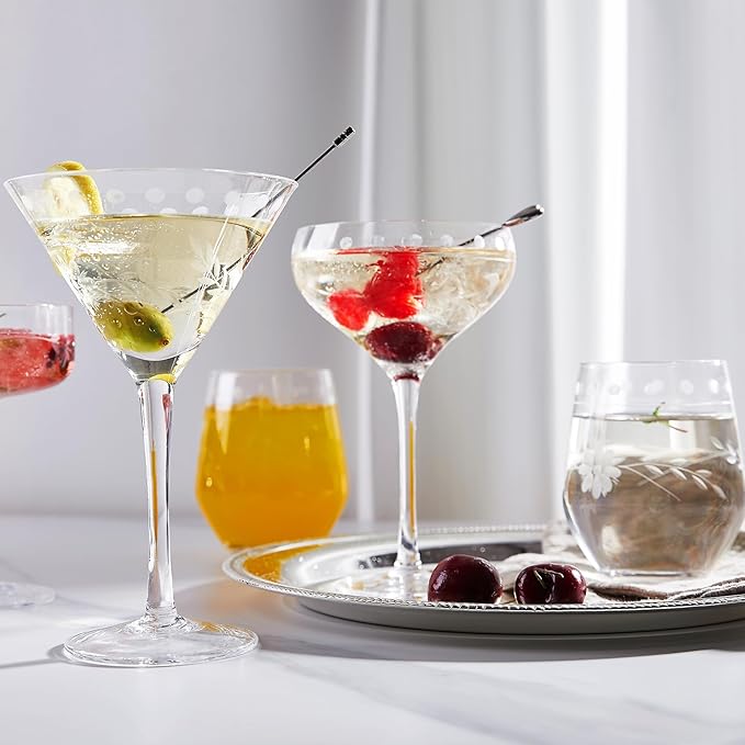 Premium Delight Vintage Cocktail Glasses Set of 4, 9 oz – Hand-Blown with Etched Long Stem, Classic Glassware for Weddings, Dinners, and Holiday Gifting (Martini Glasses)
