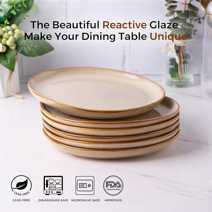 AmorArc Ceramic Dinner Plates Set of 6, 10.5 Inch Handmade Reactive Glaze Stoneware Plates, Large Rustic Shape Dinnerware Dish Set for Kitchen, Microwave & Dishwasher Safe, Scratch Resistant