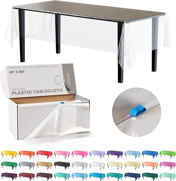Exquisite Party Solids 60 Inch X 300 Feet Clear Plastic Table Cover Roll in A Cut - to - Size Box with Convenient Slide Cutter. Cuts Up to 36 Rectangle 8 Feet Plastic Disposable Tablecloths