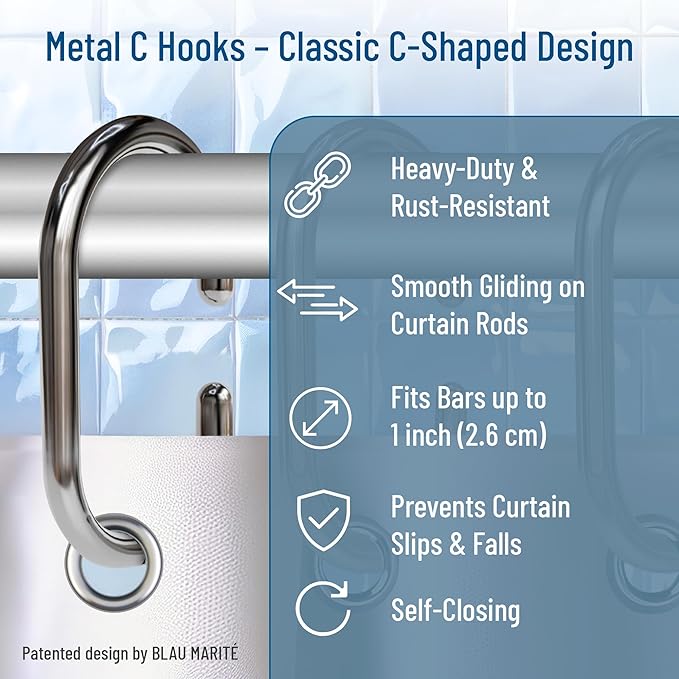 12 Metal Shower Curtain Hooks, Rust-Proof Decorative C-Shaped Curtain Hooks for Bathroom, Chrome Shower Curtain Rings, Fits Rods Up to 1 Inch (C, Silver)