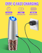 Rongyuxuan Upgraded Rechargeable Gravity Electric Salt and Pepper Grinder Set with LED lights,Stainless Steel Automatic Pepper or Salt Grinder Mill Shaker Refillable with Adjustable Coarseness,Sliver