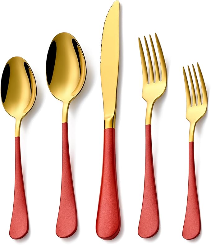 20 Piece Gold and Red 18/0 Flatware Utensil Set for 4, Include Dinner Knife,Dinner Forks,Dinner Spoons,Salad Forks,Teaspoons,Silverware Set for 4, Dishwasher Safe