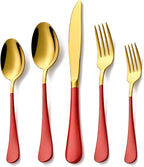 20 Piece Gold and Red 18/0 Flatware Utensil Set for 4, Include Dinner Knife,Dinner Forks,Dinner Spoons,Salad Forks,Teaspoons,Silverware Set for 4, Dishwasher Safe