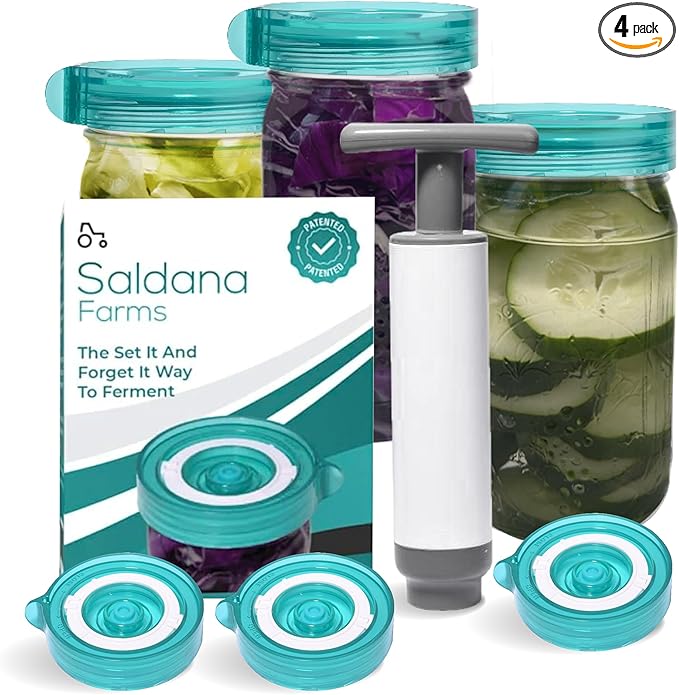 Fermentation Kit, Includes 3 Fermenting Lids for Wide Mouth Mason Jars & Oxygen Extractor Pump, Mason Jar Airlock Lid For Fermenting Kimchi, Pickle, & Sauerkraut