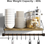 Alsonerbay Floating Shelves Wood Shelves for Wall, Rustic Wood Kitchen Shelf with Towel Bar and 8 Removable Hooks for Hanging Cooking Utensils or Mugs