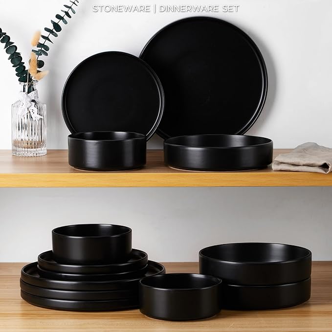 Stoneware Dinnerware Set for 2 with Pasta Bowl, Onader 8 Piece Plates and Bowls Dish Dinner Set, Microwave & Dishwasher Safe - Ebony Black