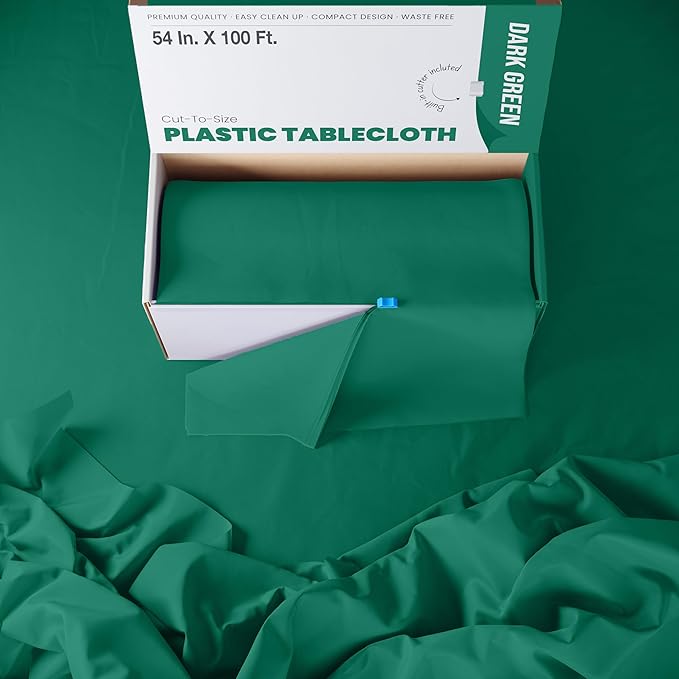 Exquisite Party Solids 54 Inch X 100 Feet Dark Green Plastic Table Cover Roll in A Cut - to - Size Box with Convenient Slide Cutter. Cuts Up to 12 Rectangle 8 Feet Plastic Disposable Tablecloths