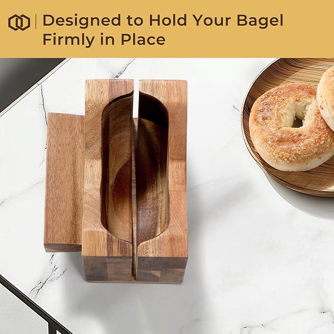 Annie & Mia Design Premium Acacia Wood Bagel Slicer For Large Bagel Stylish Hand Crafted Wood Bagel Cutter With Ergonomic Designed Handle Grip