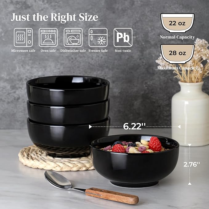 DOWAN 22 OZ Ceramic Soup Bowls & Cereal Bowls - 6" Classic Bowls Set of 4 for Soup, Cereal, Oatmeal, Fruit, Rice - Dishwasher & Microwave Safe (Black)