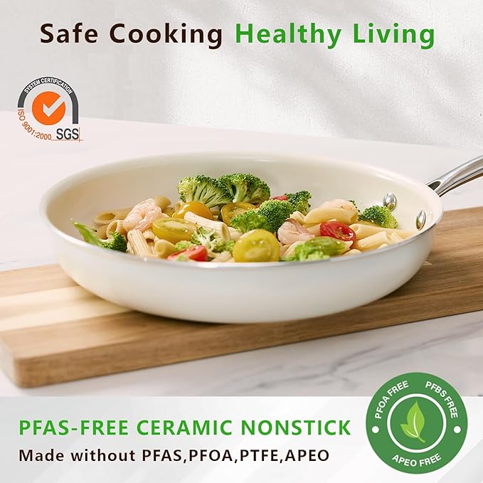 9.5" Ceramic Nonstick Frying Pan, Skillet, Cooking Pan Non Toxic with Stay Cool Handle for Induction, PTFE & PFAS & PFOA Free, Dishwasher/Oven Safe, White