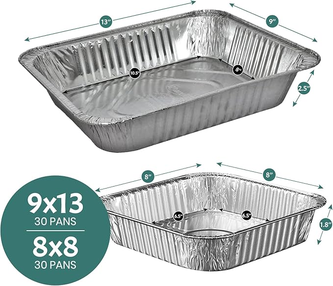 FUNSTITUTION Aluminum Foil Pans 9x13 & 8x8 (60 Pack) - Tin Foil Pans with High Heat Conductivity - Disposable Aluminum Tray Cookware For Baking, Grilling, Cooking, Storing, Prepping