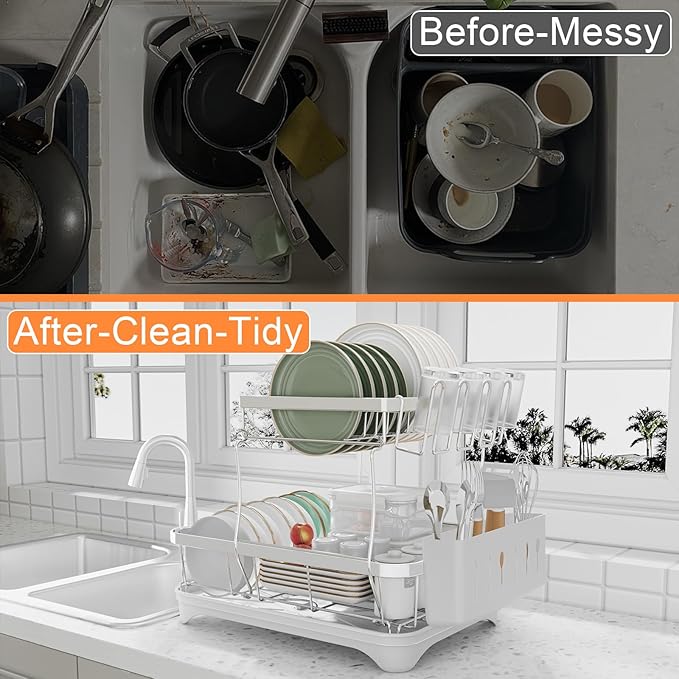 Dish Drying Rack - 304 Stainless Steel Dish Rack for Kitchen Counter, Adjustable Spout Auto-Draining Dish Rack, 2-Tier Kitchen Organizers and Storage Rack with Drainboard and Cutlery Holder White