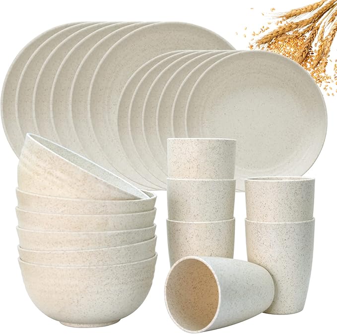Wheat Straw Dinnerware Sets for 6, Osonm 24PCS Lightweight Unbreakable Plastic Plates Bowls Cups Sets, Dishwasher Microwave Safe Dishes Set for Camping, RV, Picnic, Kitchen, Great for Kids & Adults