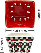 Ceramic Berry Basket -Checkered black and White with red Cherries pattern-Colander -Modern Kitchen Decor Fruit Bowls - Checkerboard Fruit Baskets, Farmer's Market Harvest Bowls Set of 4