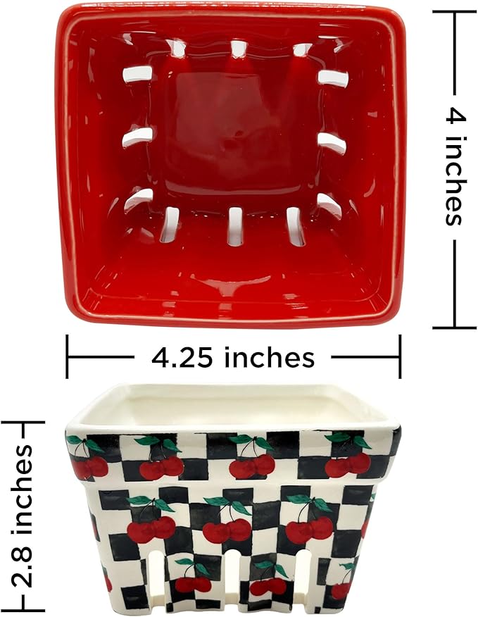 Ceramic Berry Basket -Checkered black and White with red Cherries pattern-Colander -Modern Kitchen Decor Fruit Bowls - Checkerboard Fruit Baskets, Farmer's Market Harvest Bowls Set of 4