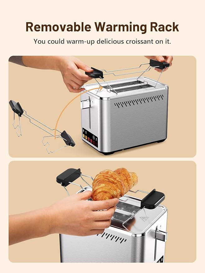 Touch Screen 2-Slice Toaster with 6 Browning Levels, Bagel, Defrost & Timer, Wide 1.5" Slots, Removable Crumb Tray, 900W Stainless Steel Smart Toaster for Bagels, Breads & Waffles