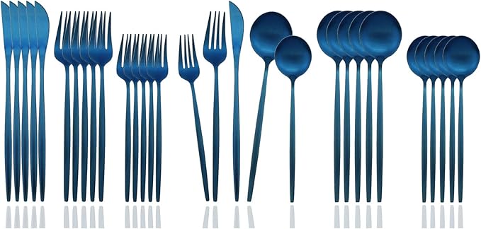 JASHII Flatware Silverware Set Stainless Steel Satin Finish Cutlery Set Service for 6, 30-Piece Spoons And Forks Kitchen Utensil Set, Dishwasher Safe (Matte Blue)