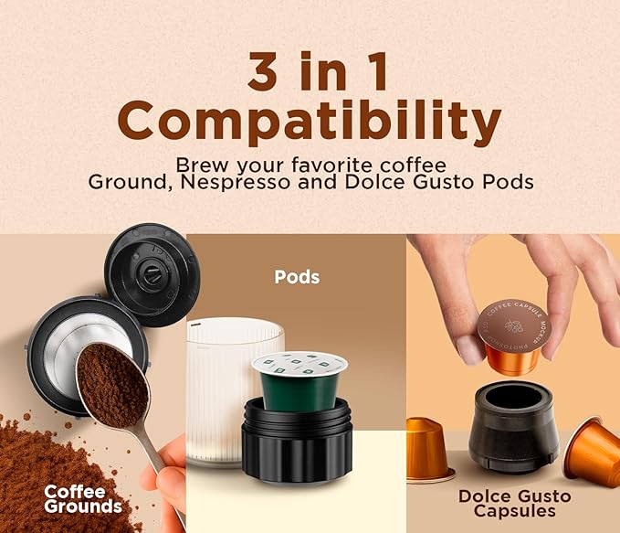 3-in-1 Portable Coffee Maker – Electric Espresso Machine for Travel – Compatible with Ground Coffee, NS & DG Capsules – USB-C Rechargeable Portable Espresso Maker (White)
