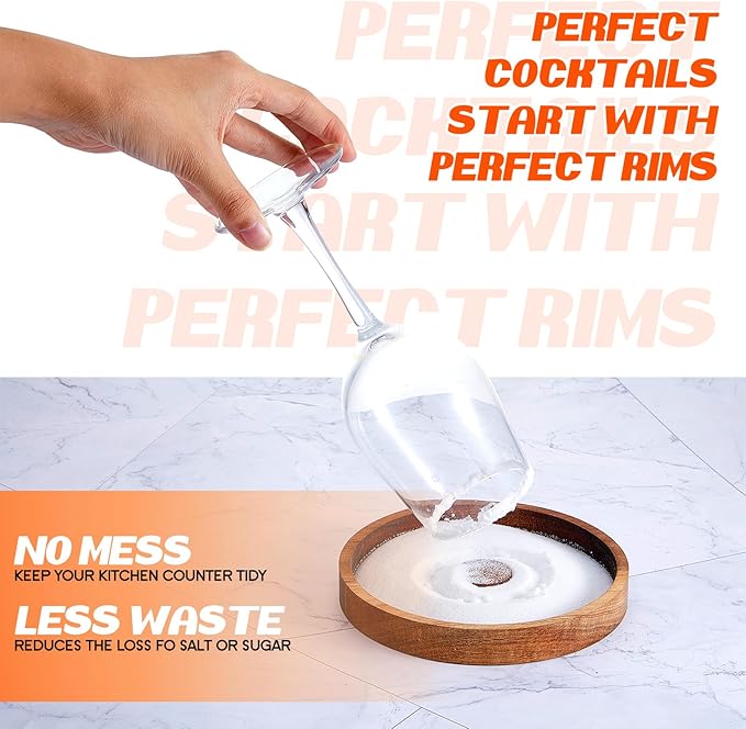 4 Pcs Margarita Salt Rimmer Set Glass Rimmer with Lid Home Bar Accessories Plate for Sugar Drinks Cocktails Bartender Tool Kit Party Restaurant, 5.9" Diameter (Acacia Wood)