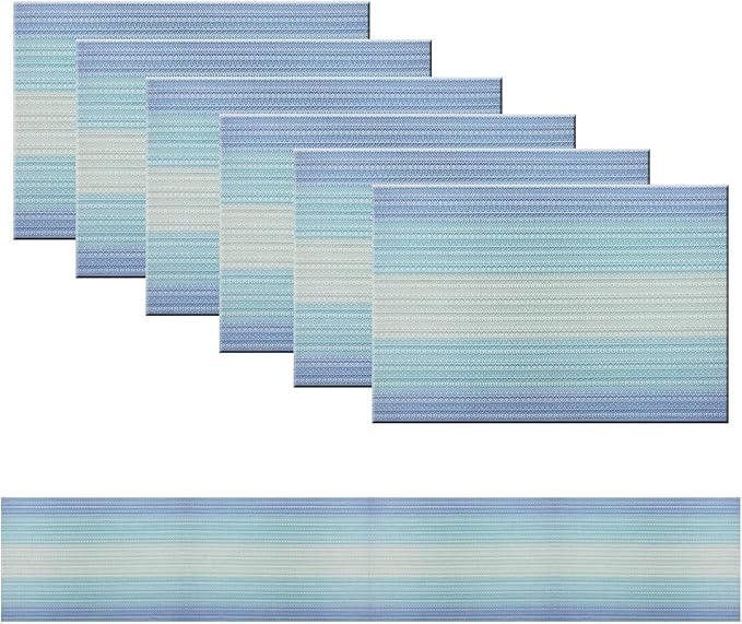 PIGCHCY Placemats Set of 6 and Table Runner,Heat Resistant Vinyl Woven Washable Table mats Sets (6 Placemats+1 Table Runner, Coastal Blue)