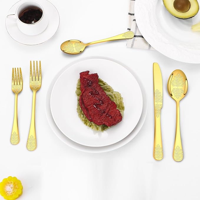 40 Pcs Gold Silverware Set for 8 with Classical Flower Embossed Design, Food Grade Stainless Steel Flatware Set, Eating Utensils Sets Include Fork/Knife/Spoon, Cutlery Set, Dishwasher Safe