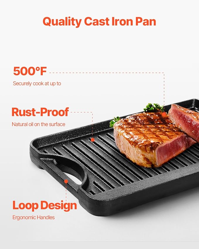 VEVOR Reversible Grill/Griddle, 14x8.5 inch Pre-Seasoned Cast Iron Griddle, Portable Rectangular Pan with Handle, Family Cookware for Indoor/Outdoor Stove Top Burner, Gas, Camping BBQ, Black