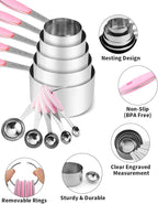 Joyhill Stainless Steel Measuring Cups and Spoons Set of 10 Piece, Nesting Metal Measuring Cups Set with Soft Touch Silicone Handles for Dry and Liquid Ingredients, Cooking & Baking (Pink)