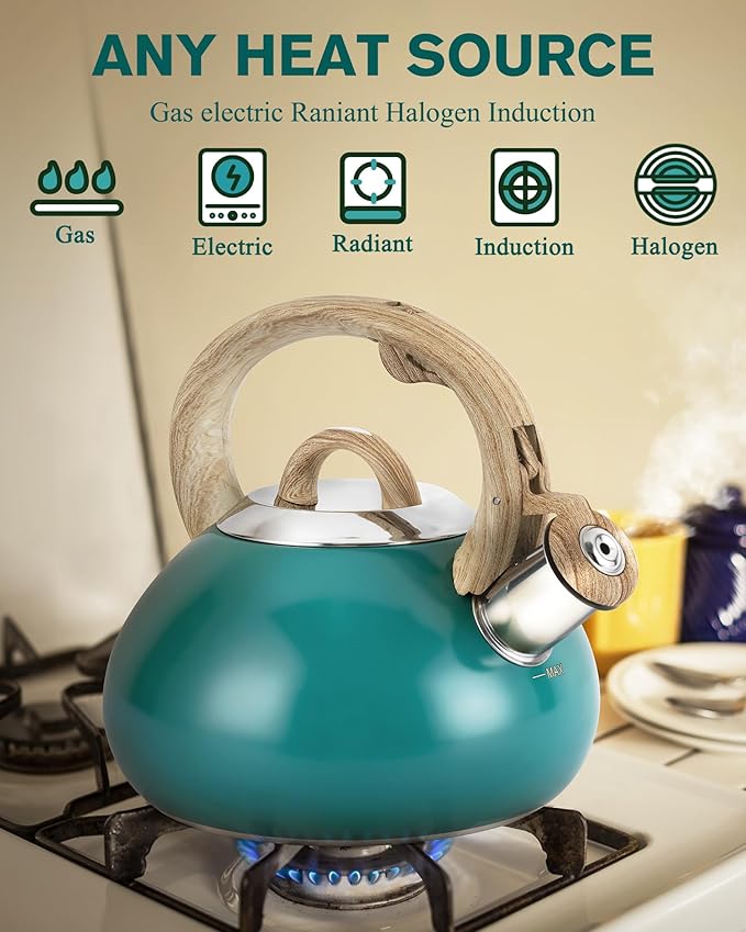 Tea Kettle,Teapots for Stove Top,2.0 Quart with Wood Pattern Handle Loud Whistle Food Grade Stainless Steel Teapot,for Heating Milk, Coffee, Chocolate