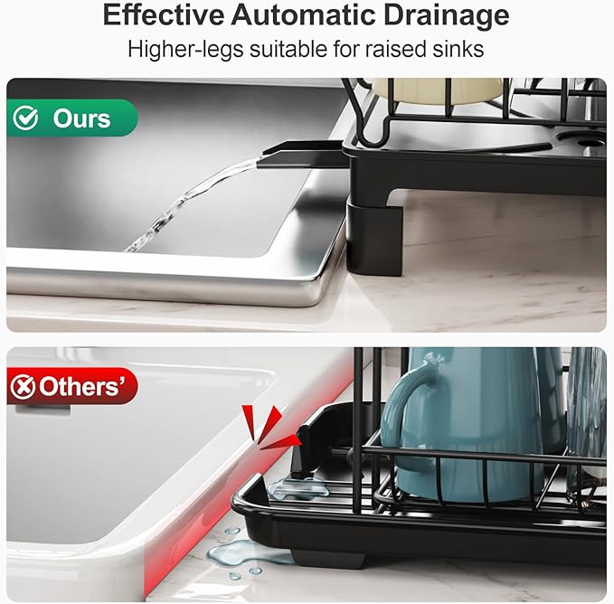 GSlife Dish Drying Rack with Sponge Holder for Kitchen Counter - Small Dish Racks for RV and Small Apartment, Compact Dish Drainer with Utensil Holder and Drain Spout, Black