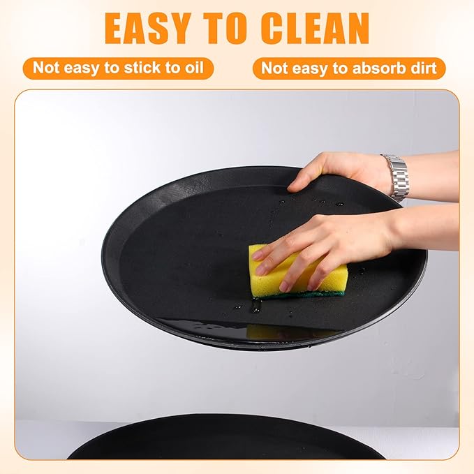 Zopeal 8 Pieces Black Round Restaurant Serving Tray, Plastic Non Slip Surface Food Meals Server Tray with Raised Edges for Home, Kitchen, Restaurant, Cafeteria, Bar (14")