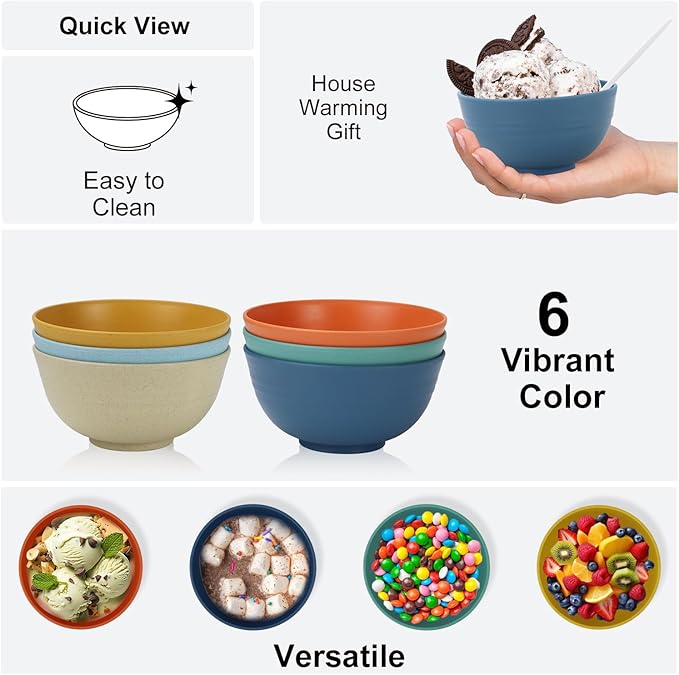 Unbreakable Wheat Straw Bowls for Kids, 10 oz Snack Bowls Set of 6, Small Handy Bowls Set for Snack, Dessert and Appetizer,Multi Color