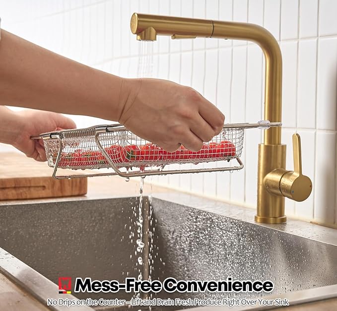 Extendable Dish Rack with Feet, Vegetable Colander Basket, Stainless Steel Dish or Silverware Drying Rack, Ultimate Kitchen Organizer Over The Sink (12.99 x 9.65 x 2.76 Inches)