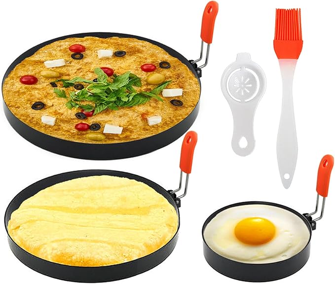 Stainless Steel Pancake Omelet Egg Ring Set, 4/6/8 Inch Round Egg Cooker Rings, Non-Stick, Foldable Handle, Dishwasher Safe