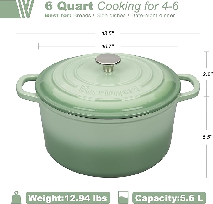 Enameled Cast Iron Dutch Oven Pot with Lid, for Sourdough Bread Baking, Round Dutch Ovens, 6 Quart, Green