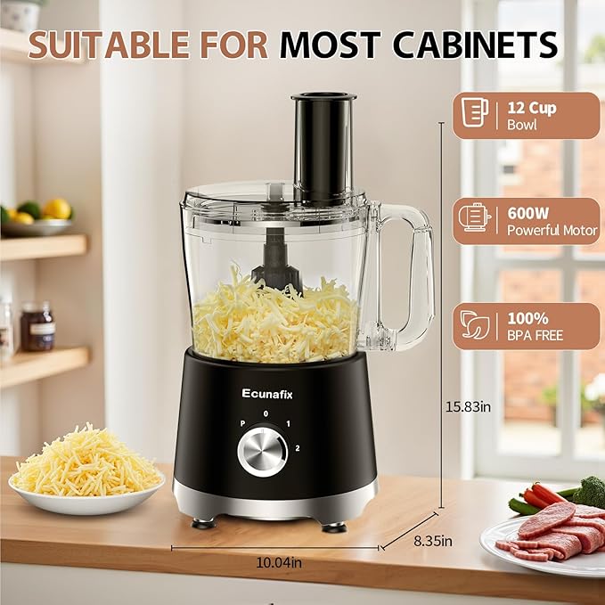 Food Processor and Vegetable Chopper 600W BPA Free 12-Cup Bowl, French-Fry-Cutter, 6.8oz Grinder for Cheese Grating, Ice Creshing, Chopping, Shredding, Slicing, Mixing and Doughing, 2+P Speeds