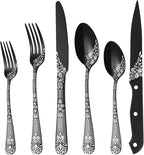 EUIRIO 48-Piece Silverware Set with Steak Knives, Black Flatware Set for 8, Stainless Steel Cutlery Set, Knives and Forks and Spoons Sets,Unique Pattern Design,Mirror Polish and Dishwasher Safe